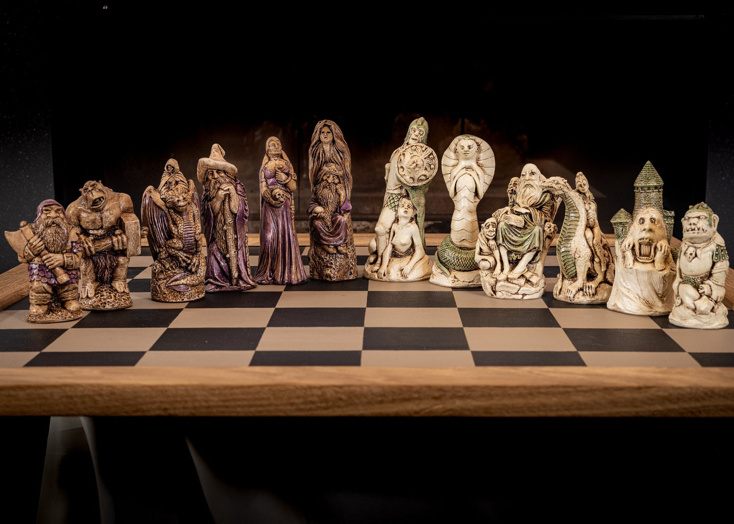 Made to order – Chess set, Cobra Queen vs Spellmaster, in aged ivory, with jade accents and walnut, with purple accents. BOARD NOT INCULDED