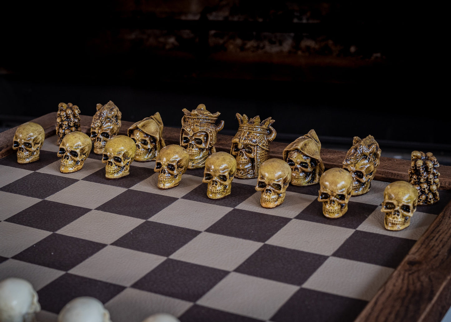 Chess set, Skulls design in aged olive and stone. BOARD NOT INCULDED