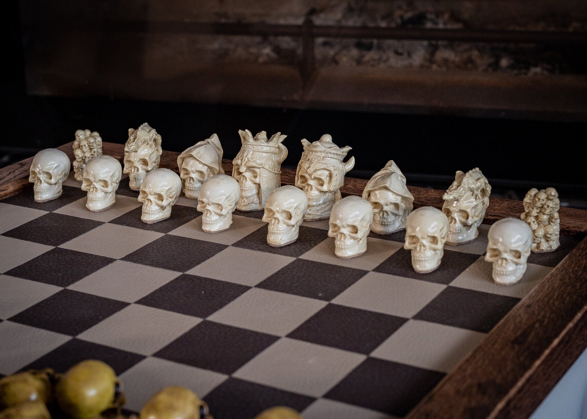 Chess set, Skulls design in aged olive and stone. BOARD NOT INCULDED