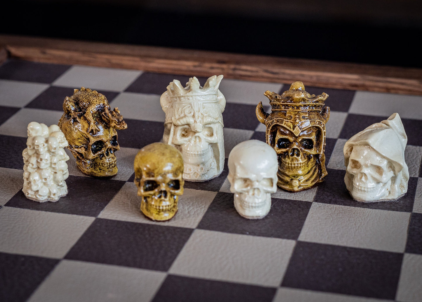 Chess set, Skulls design in aged olive and stone. BOARD NOT INCULDED