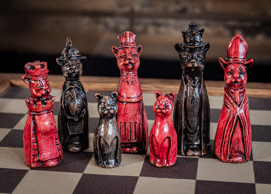 Made to order – Chess set, Royal Cats design in an aged red and ebony colour. BOARD NOT INCULDED