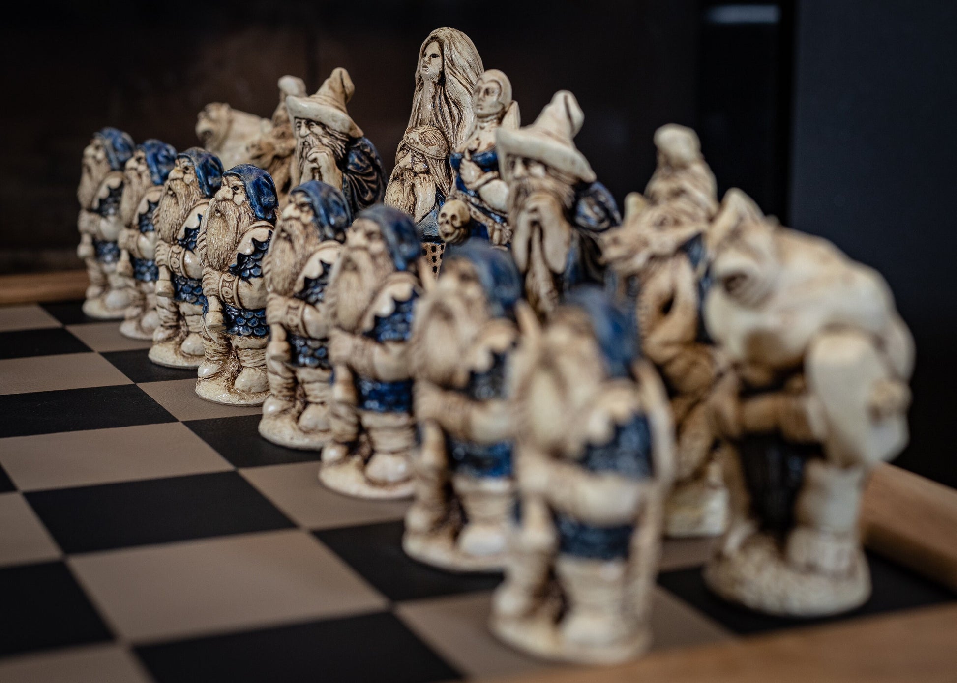 Chess set, Spellmaster or Large Fantasy, aged ivory, with blue accents and walnut, with purple accents. BOARD NOT INCULDED