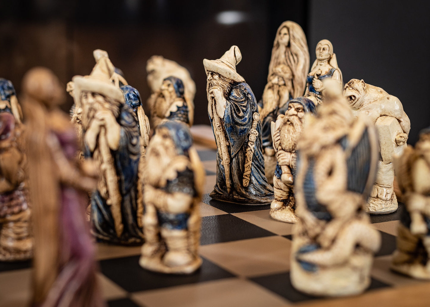 Chess set, Spellmaster or Large Fantasy, aged ivory, with blue accents and walnut, with purple accents. BOARD NOT INCULDED