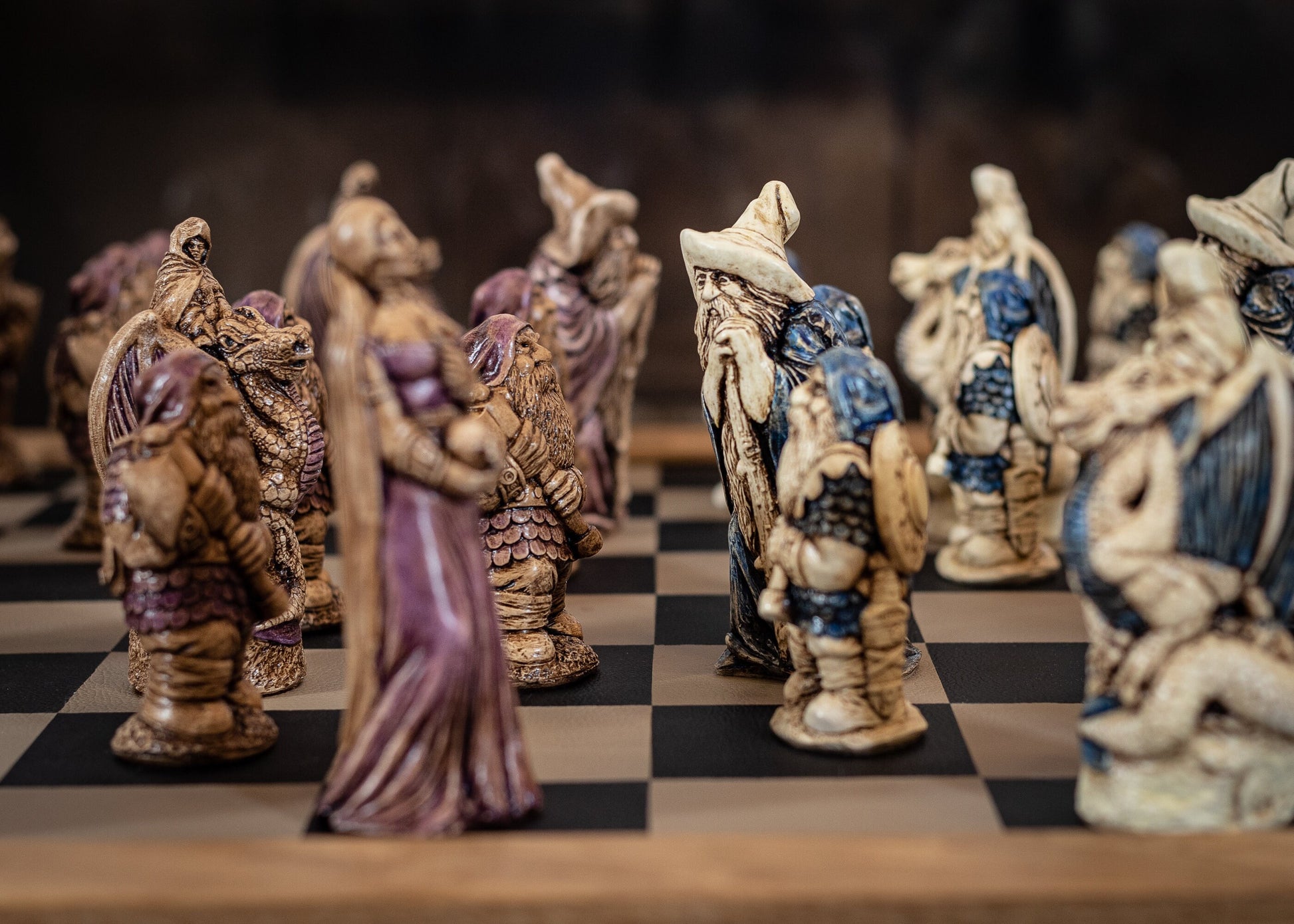 Chess set, Spellmaster or Large Fantasy, aged ivory, with blue accents and walnut, with purple accents. BOARD NOT INCULDED