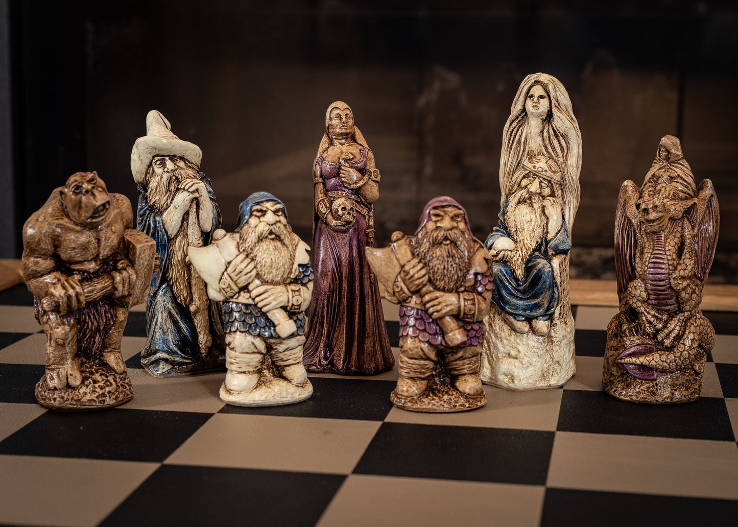 Chess set, Spellmaster or Large Fantasy, aged ivory, with blue accents and walnut, with purple accents. BOARD NOT INCULDED