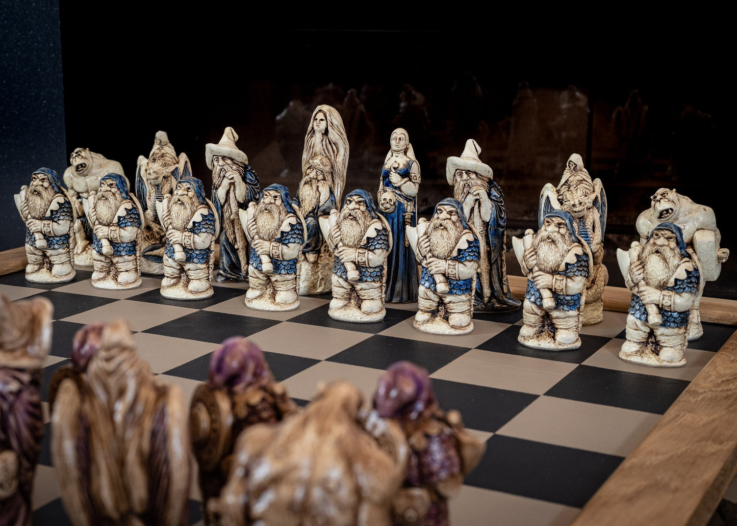 Chess set, Spellmaster or Large Fantasy, aged ivory, with blue accents and walnut, with purple accents. BOARD NOT INCULDED