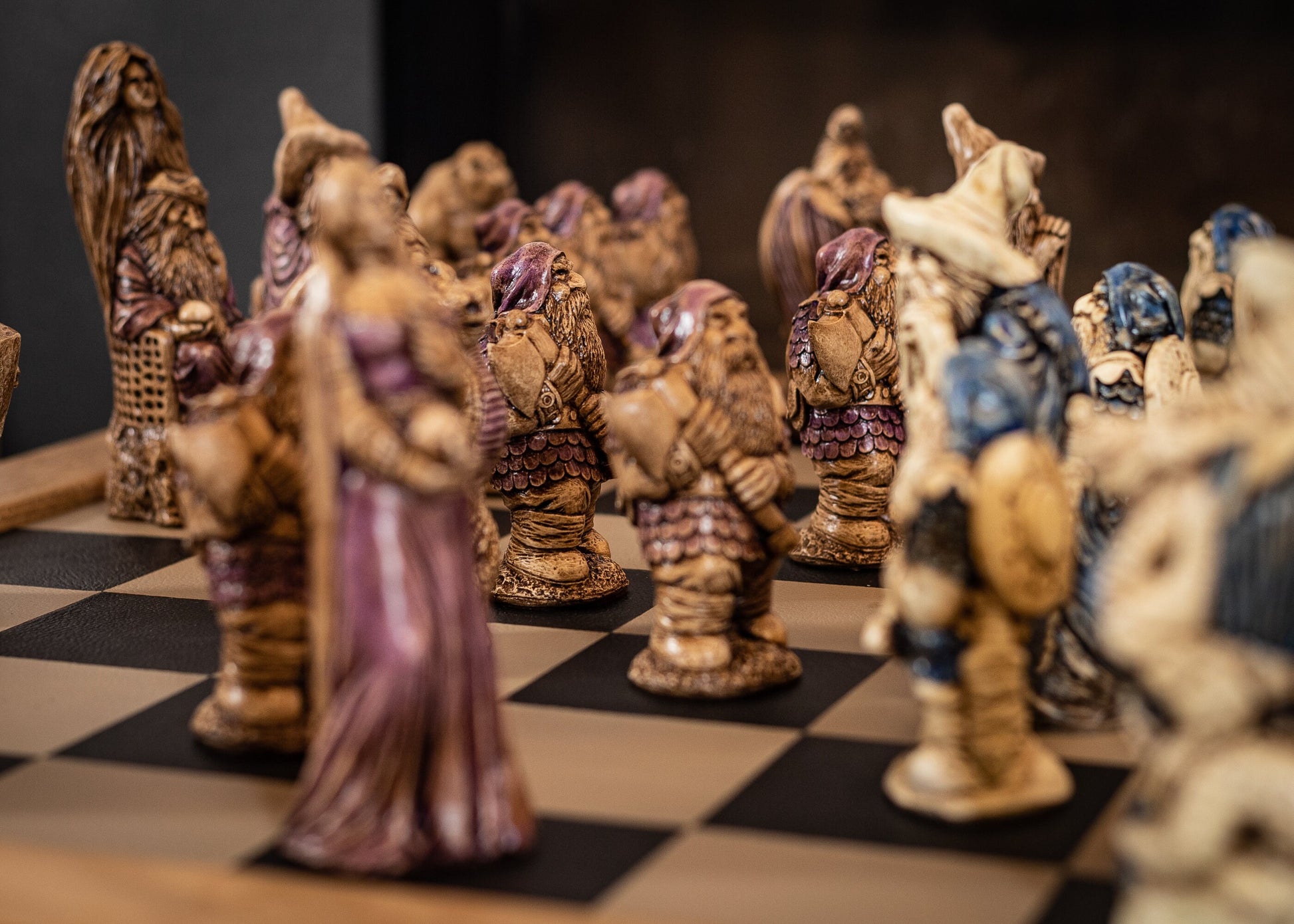 Chess set, Spellmaster or Large Fantasy, aged ivory, with blue accents and walnut, with purple accents. BOARD NOT INCULDED