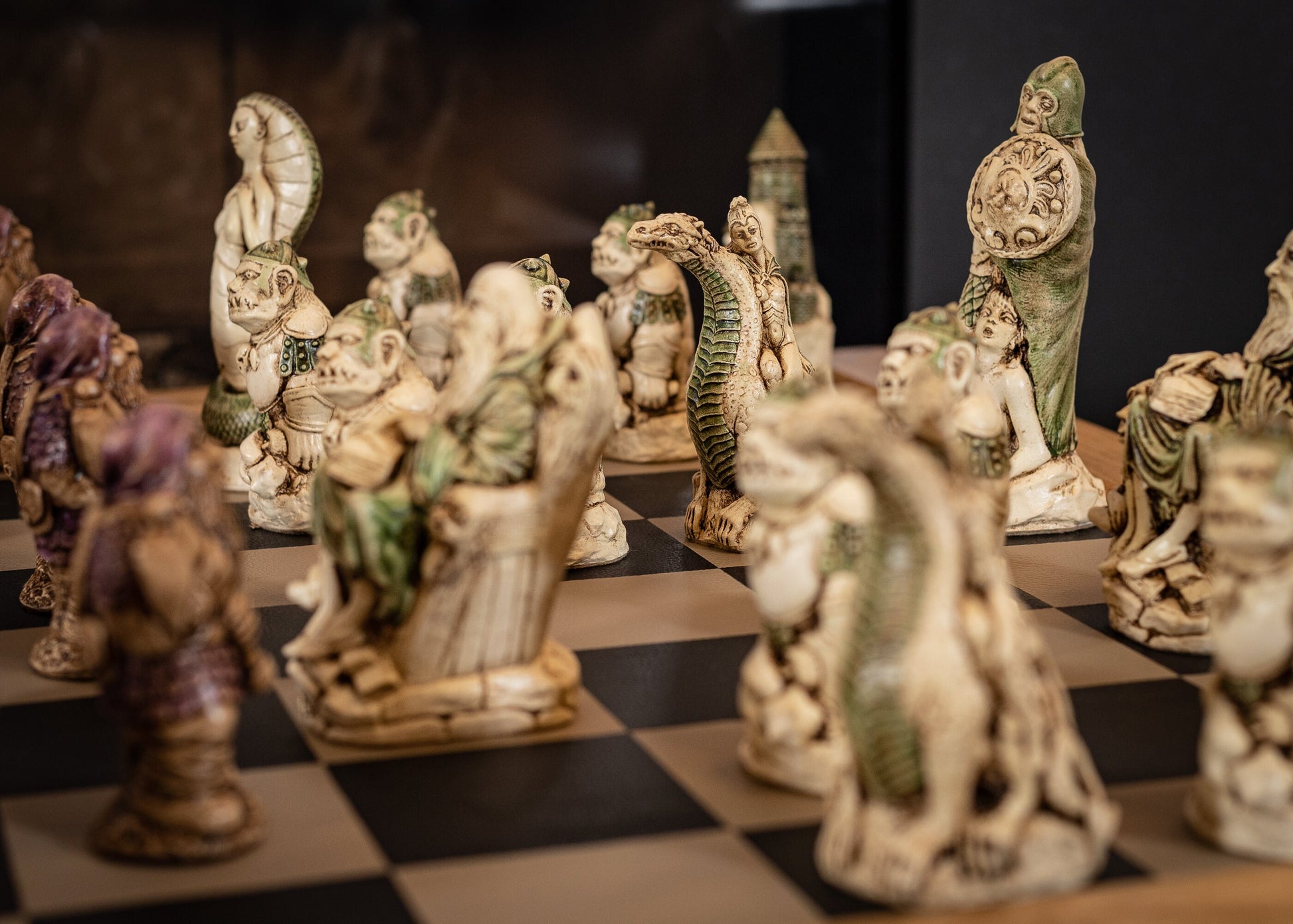 Made to order – Chess set, Cobra Queen vs Spellmaster, in aged ivory, with jade accents and walnut, with purple accents. BOARD NOT INCULDED