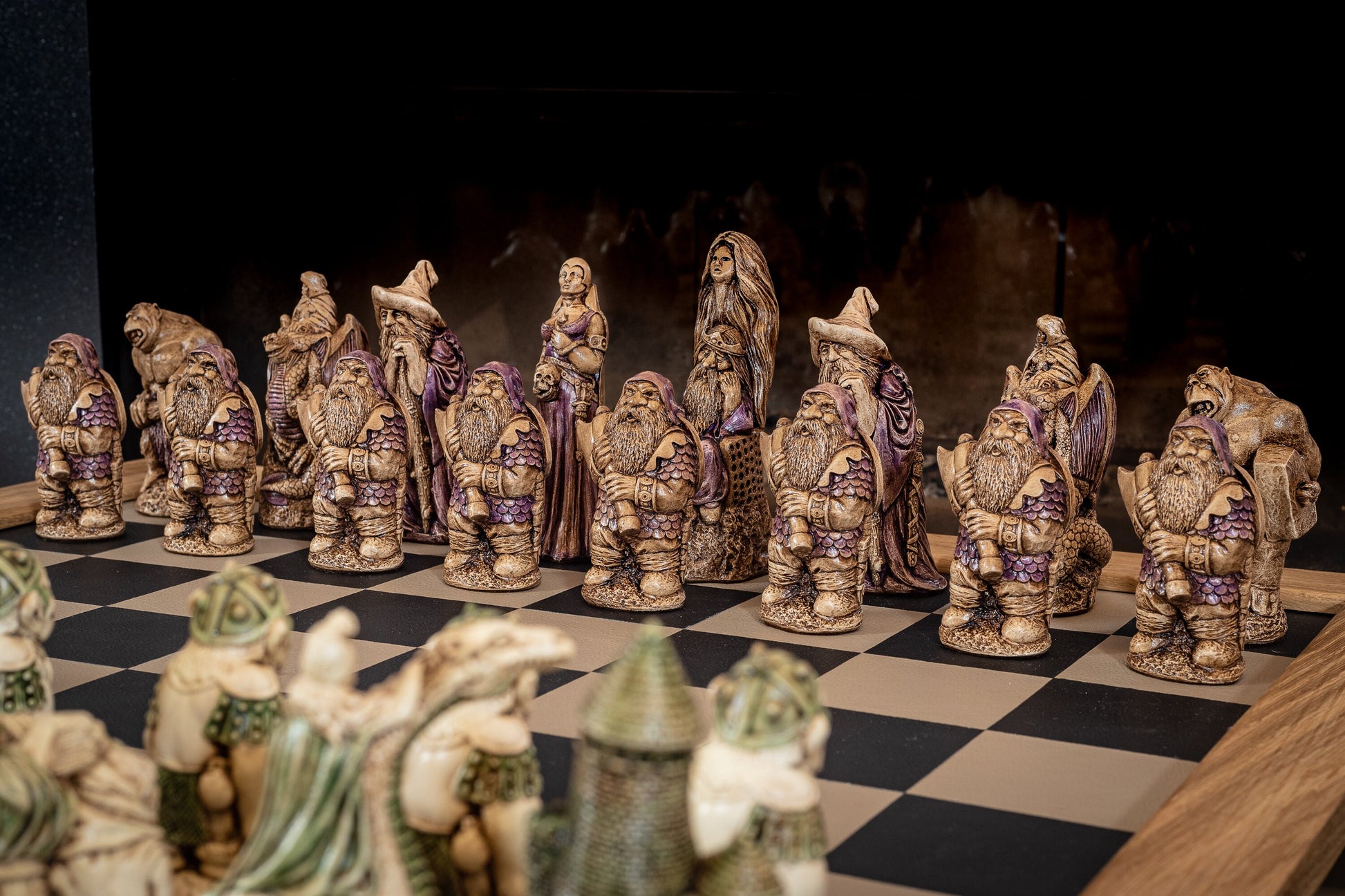 Made to order – Chess set, Cobra Queen vs Spellmaster, in aged ivory, with jade accents and walnut, with purple accents. BOARD NOT INCULDED