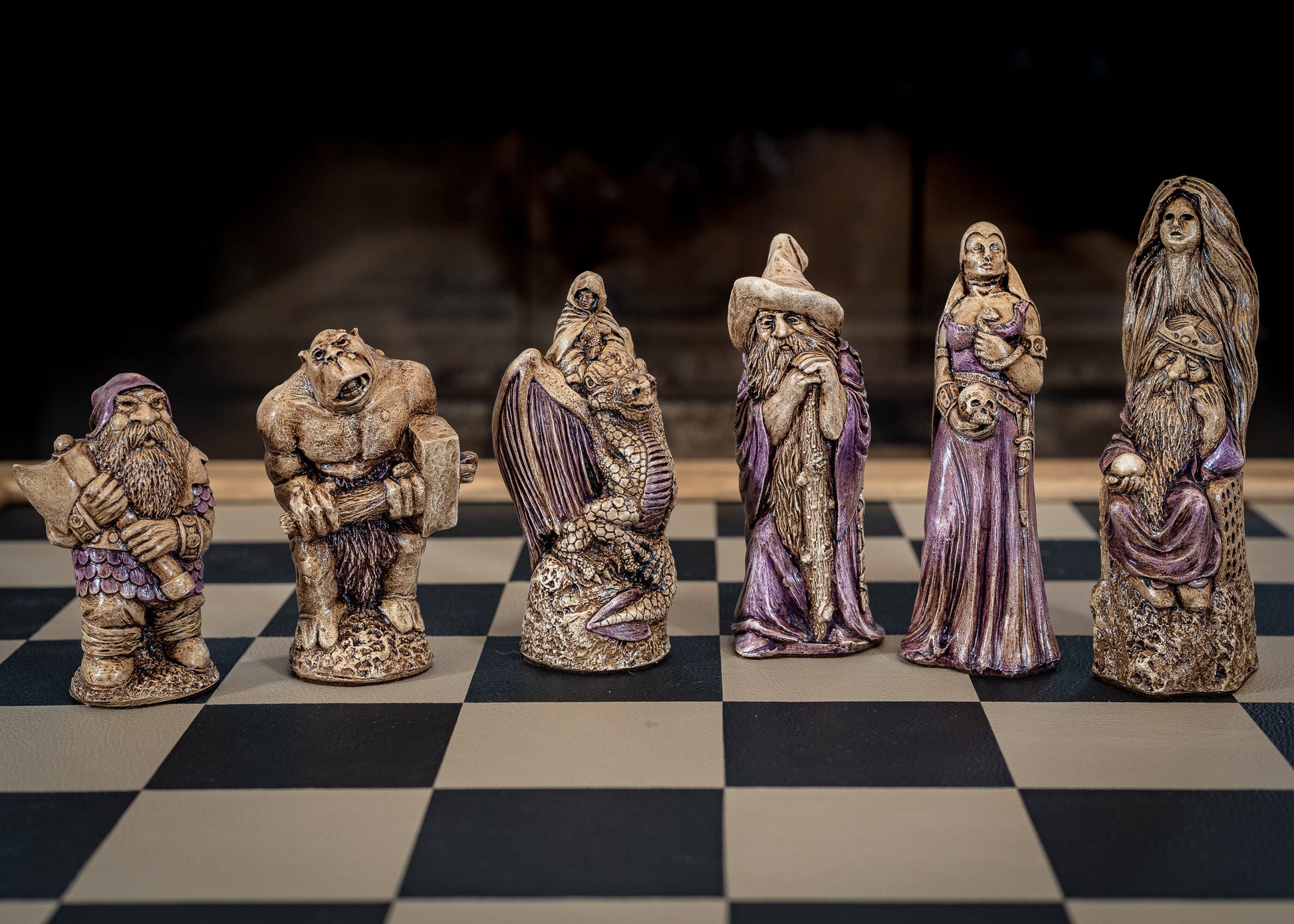 Made to order – Chess set, Cobra Queen vs Spellmaster, in aged ivory, with jade accents and walnut, with purple accents. BOARD NOT INCULDED