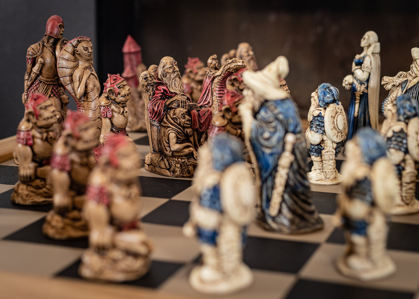 Made to order – Chess set, Spellmaster vs Cobra Queen, in aged ivory, with blue accents and walnut, with red accents. BOARD NOT INCULDED