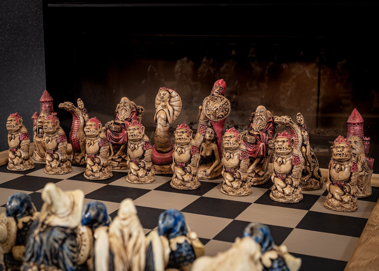 Made to order – Chess set, Spellmaster vs Cobra Queen, in aged ivory, with blue accents and walnut, with red accents. BOARD NOT INCULDED