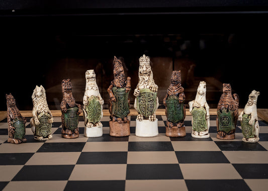 Chess set, Queen's or Royal Beasts, for Queen Elizabeth ii, in an aged ivory and dark oak colour. BOARD NOT INCULDED