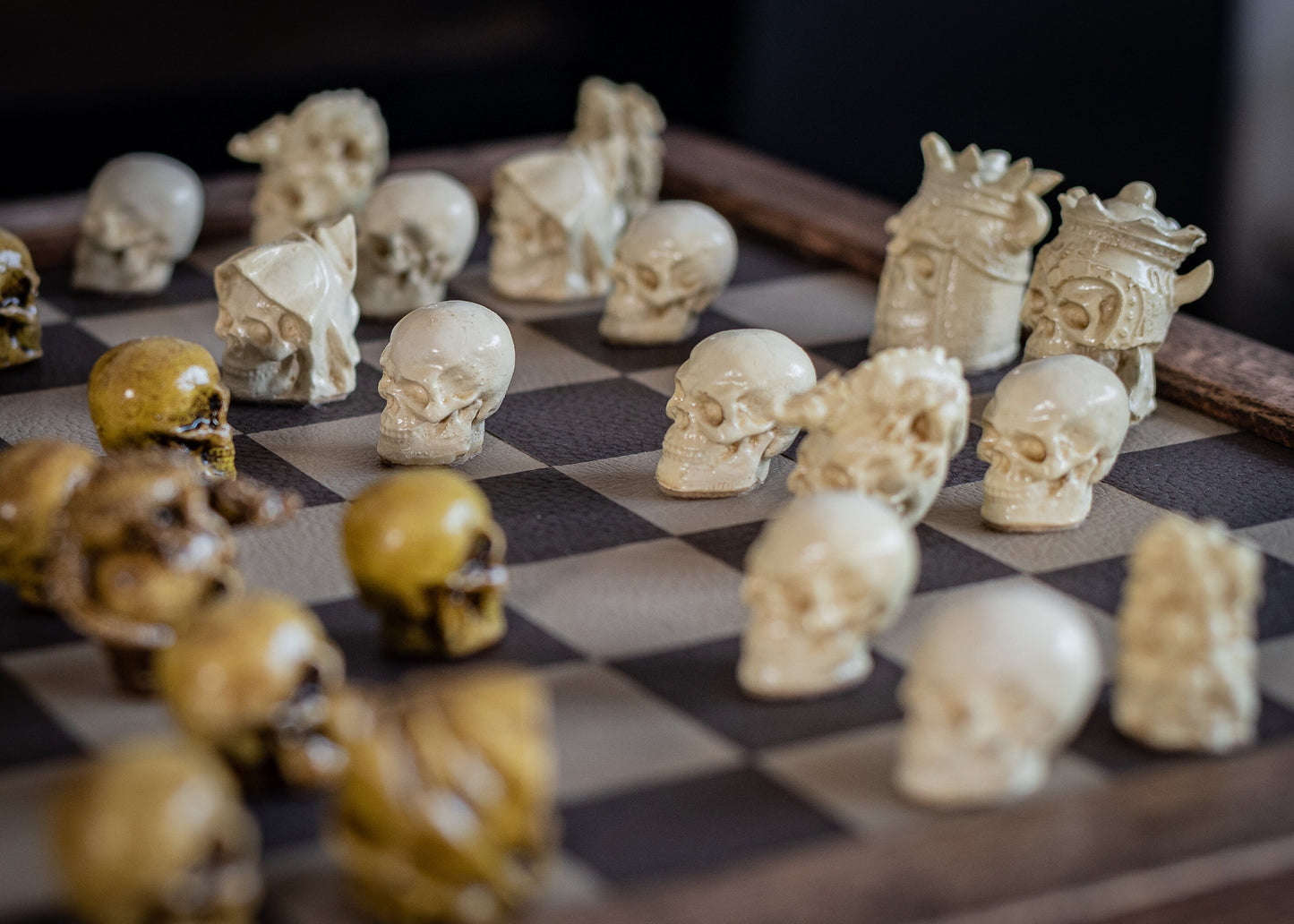 Chess set, Skulls design in aged olive and stone. BOARD NOT INCULDED