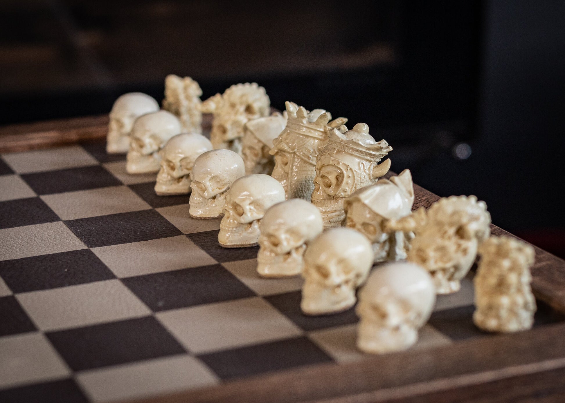 Chess set, Skulls design in aged olive and stone. BOARD NOT INCULDED