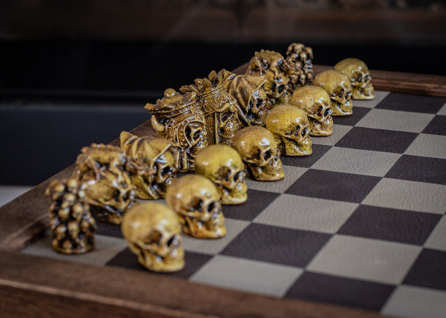 Chess set, Skulls design in aged olive and stone. BOARD NOT INCULDED