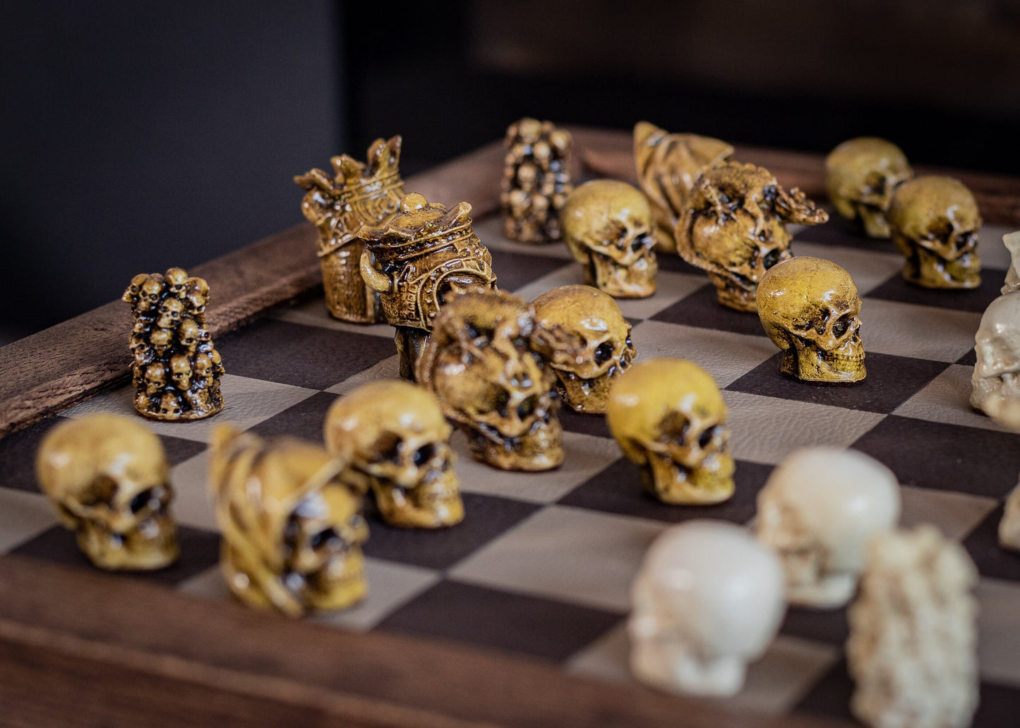 Chess set, Skulls design in aged olive and stone. BOARD NOT INCULDED