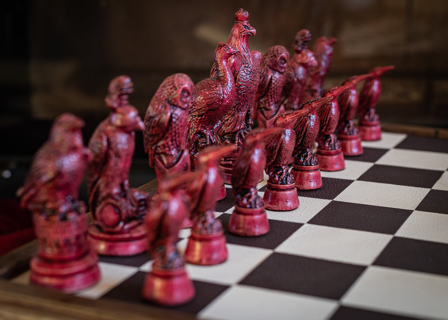 Made to order – Chess set, British birds, similar to set in Blade Runner and Stranger Things S4, red and ivory effect. BOARD NOT INCULDED