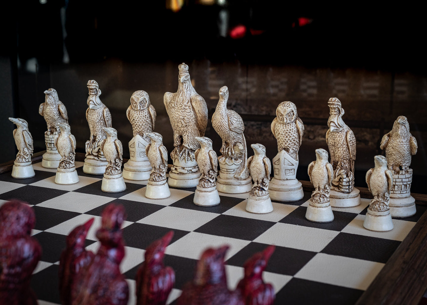 Made to order – Chess set, British birds, similar to set in Blade Runner and Stranger Things S4, red and ivory effect. BOARD NOT INCULDED