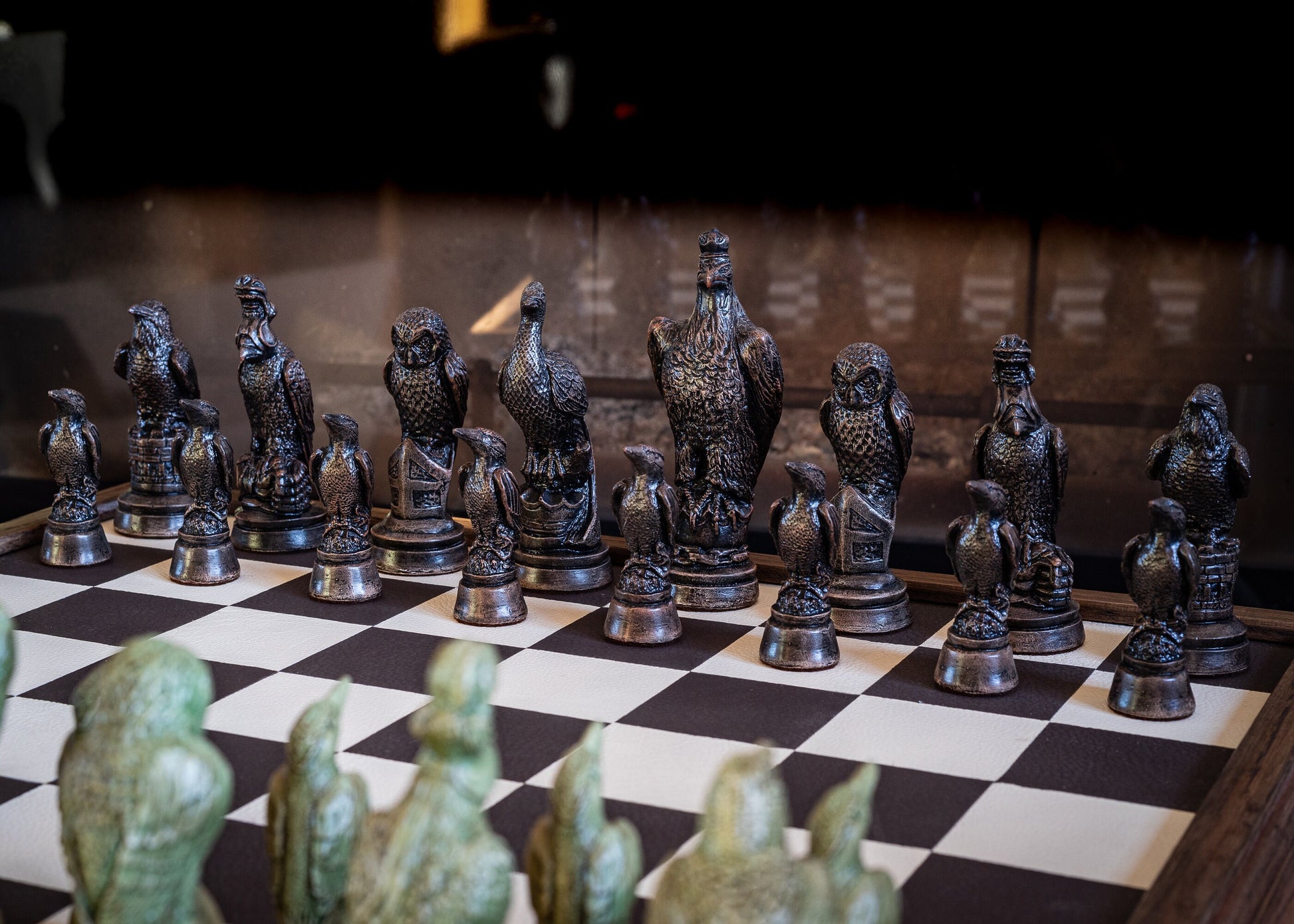 Made to order – Chess set, British birds, similar to set in Blade Runner and Stranger Things S4, jade and ebony effect. BOARD NOT INCULDED