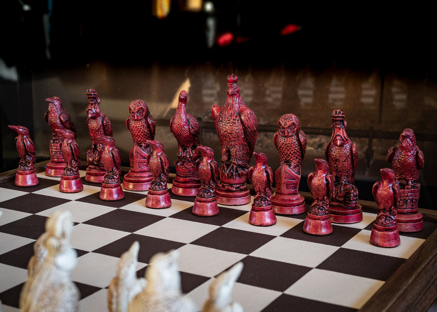 Made to order – Chess set, British birds, similar to set in Blade Runner and Stranger Things S4, red and ivory effect. BOARD NOT INCULDED