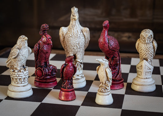 Made to order – Chess set, British birds, similar to set in Blade Runner and Stranger Things S4, red and ivory effect. BOARD NOT INCULDED