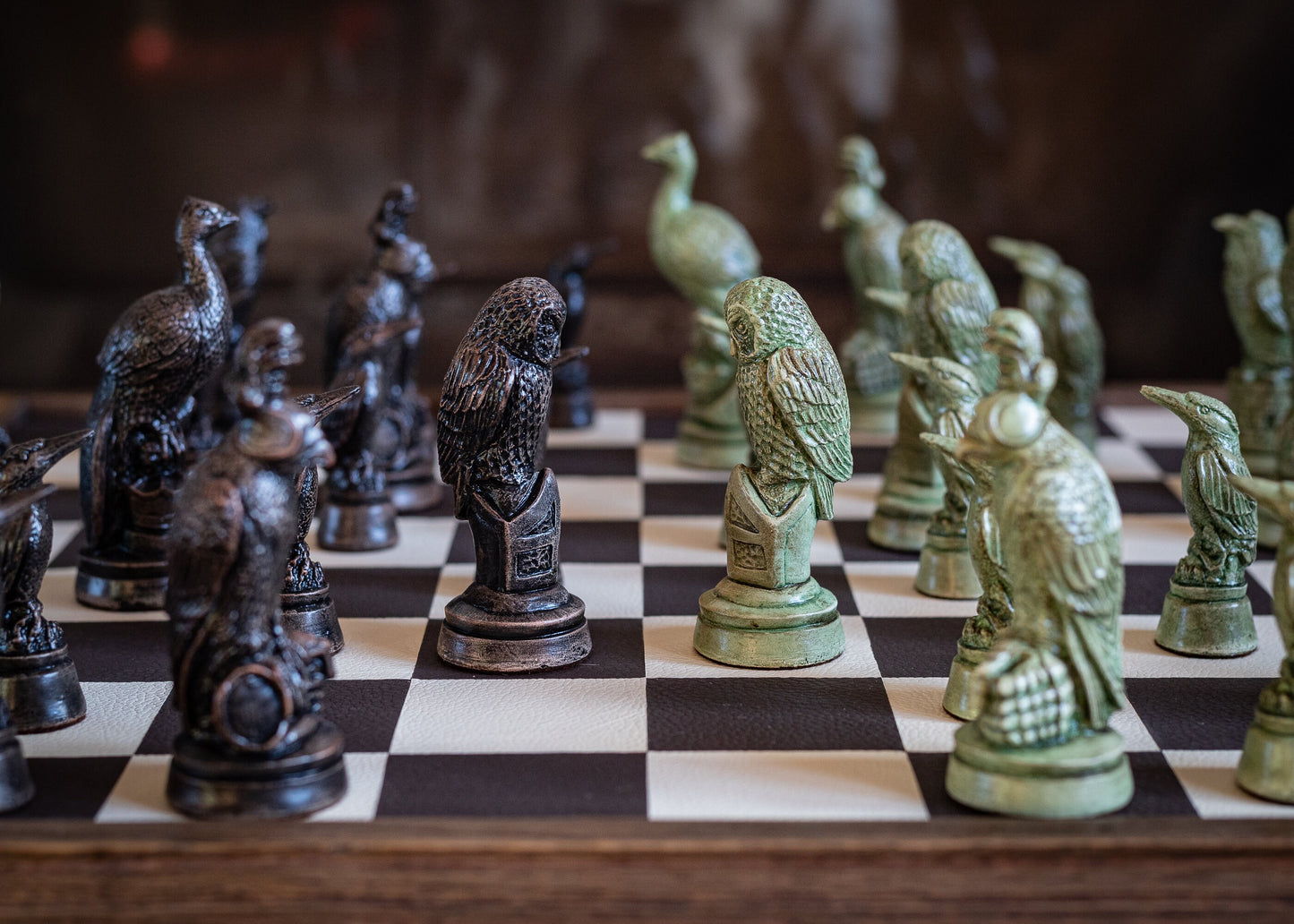 Made to order – Chess set, British birds, similar to set in Blade Runner and Stranger Things S4, jade and ebony effect. BOARD NOT INCULDED