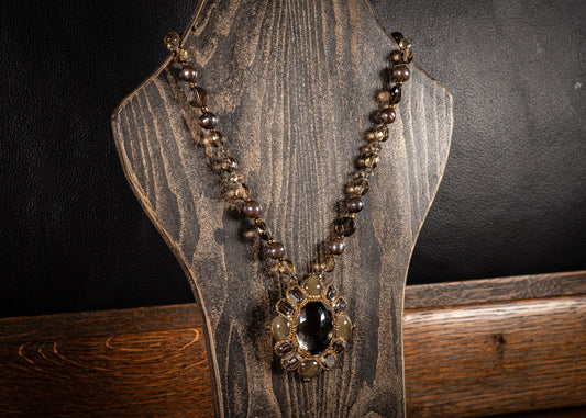 Beautiful vintage smoky quartz and opal pendant, hung from a quartz, pearl and quartz bead necklace.