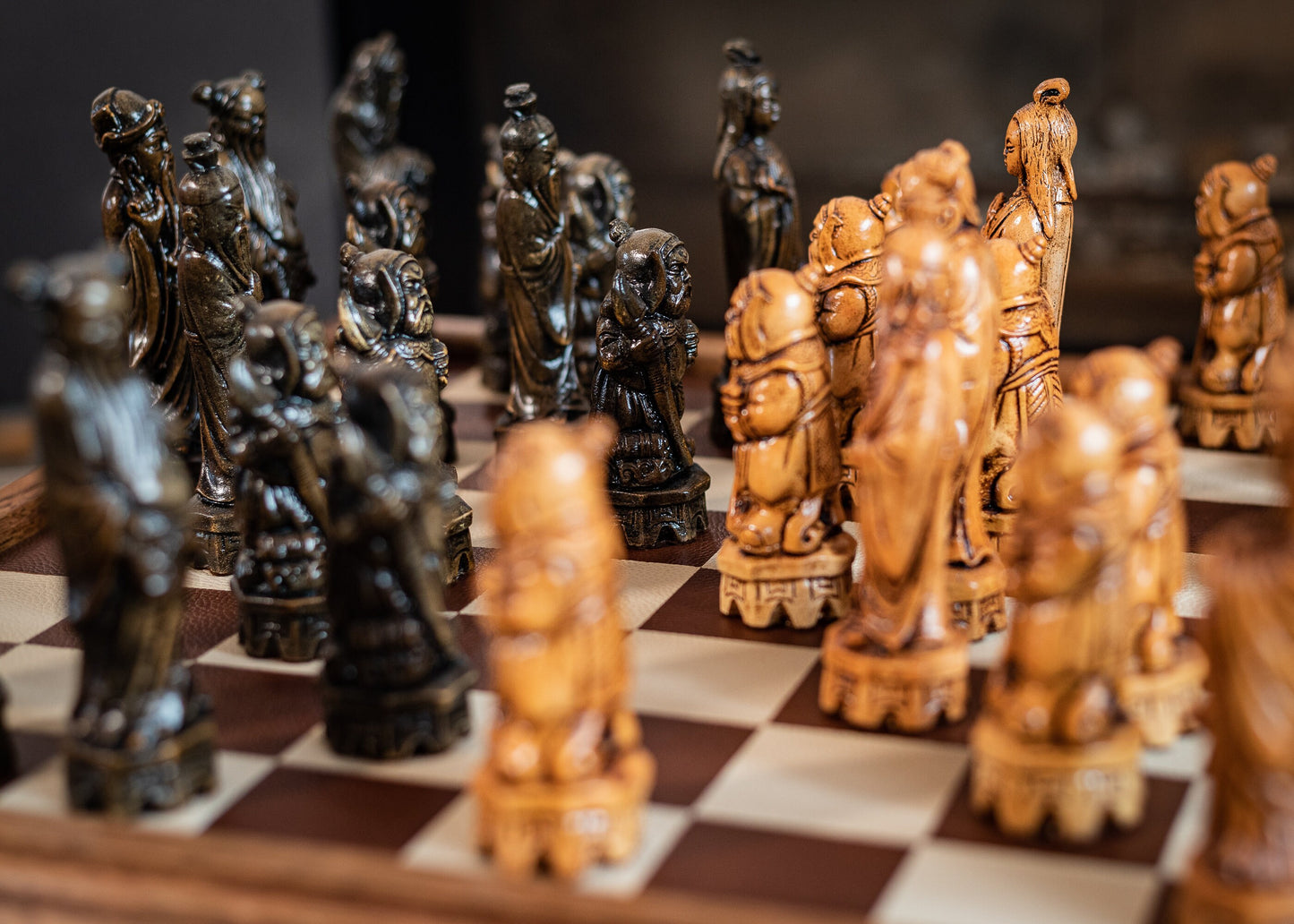 Made to order - Chess set, Chinese design in an aged black and mahogany. BOARD NOT INCULDED