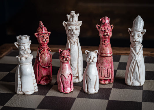 Made to order – Chess set, Royal Cats design in an aged pink and ivory colour. CHESS SET ONLY