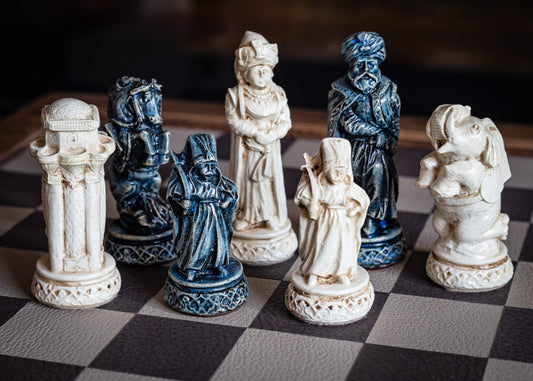 Made to order – Chess set, Arabian Knights design in an aged blue and ivory colour. CHESS SET ONLY