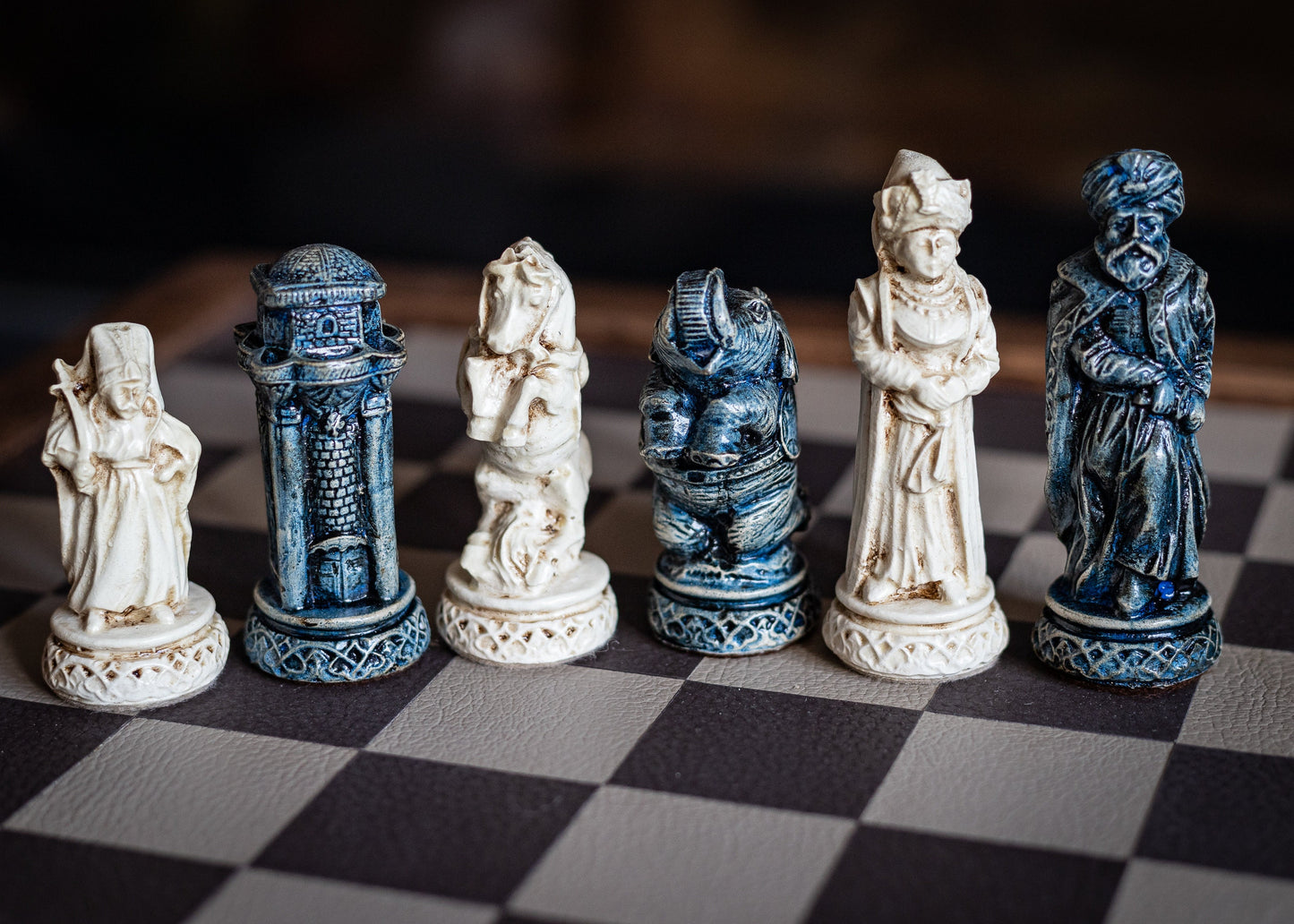 Made to order – Chess set, Arabian Knights design in an aged blue and ivory colour. CHESS SET ONLY