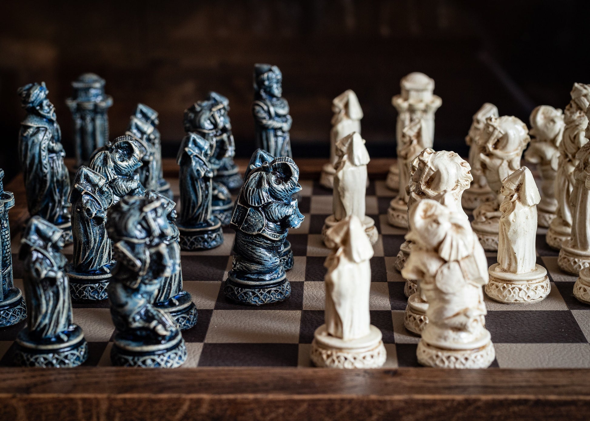 Made to order – Chess set, Arabian Knights design in an aged blue and ivory colour. CHESS SET ONLY