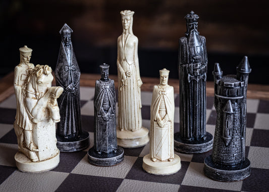 Made to order – Chess set, Gothic statues design in an aged black and aged cream colour. CHESS SET ONLY