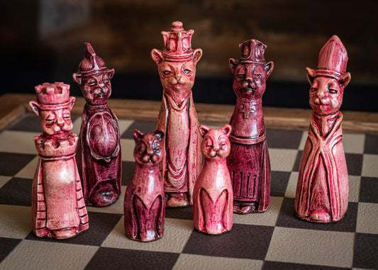 Made to order – Chess set, Royal Cats design in an aged pink and plum colour. CHESS SET ONLY