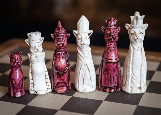 Made to order – Chess set, Royal Cats design in an aged plum and ivory colour. CHESS SET ONLY