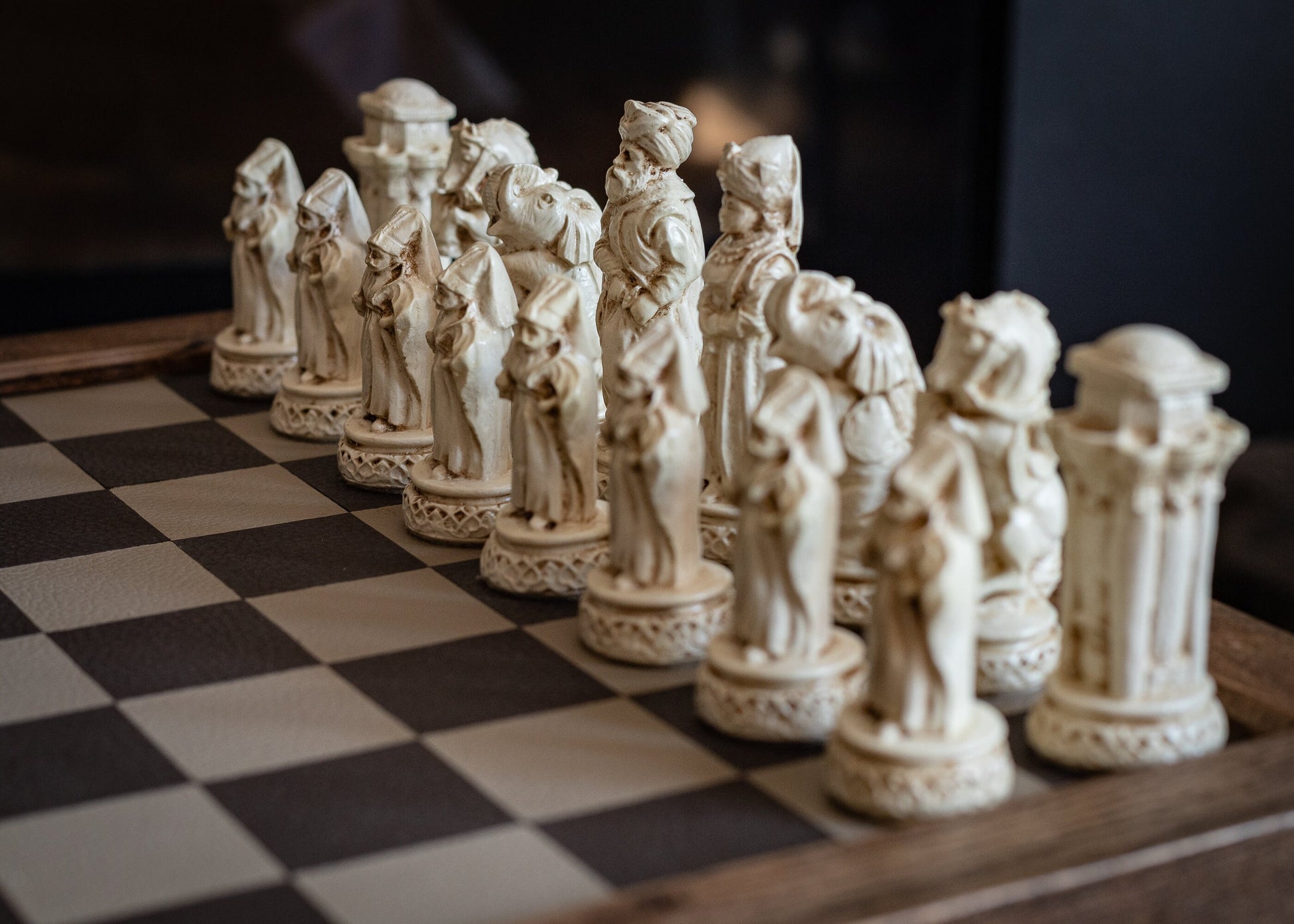 Made to order – Chess set, Arabian Knights design in an aged blue and ivory colour. CHESS SET ONLY