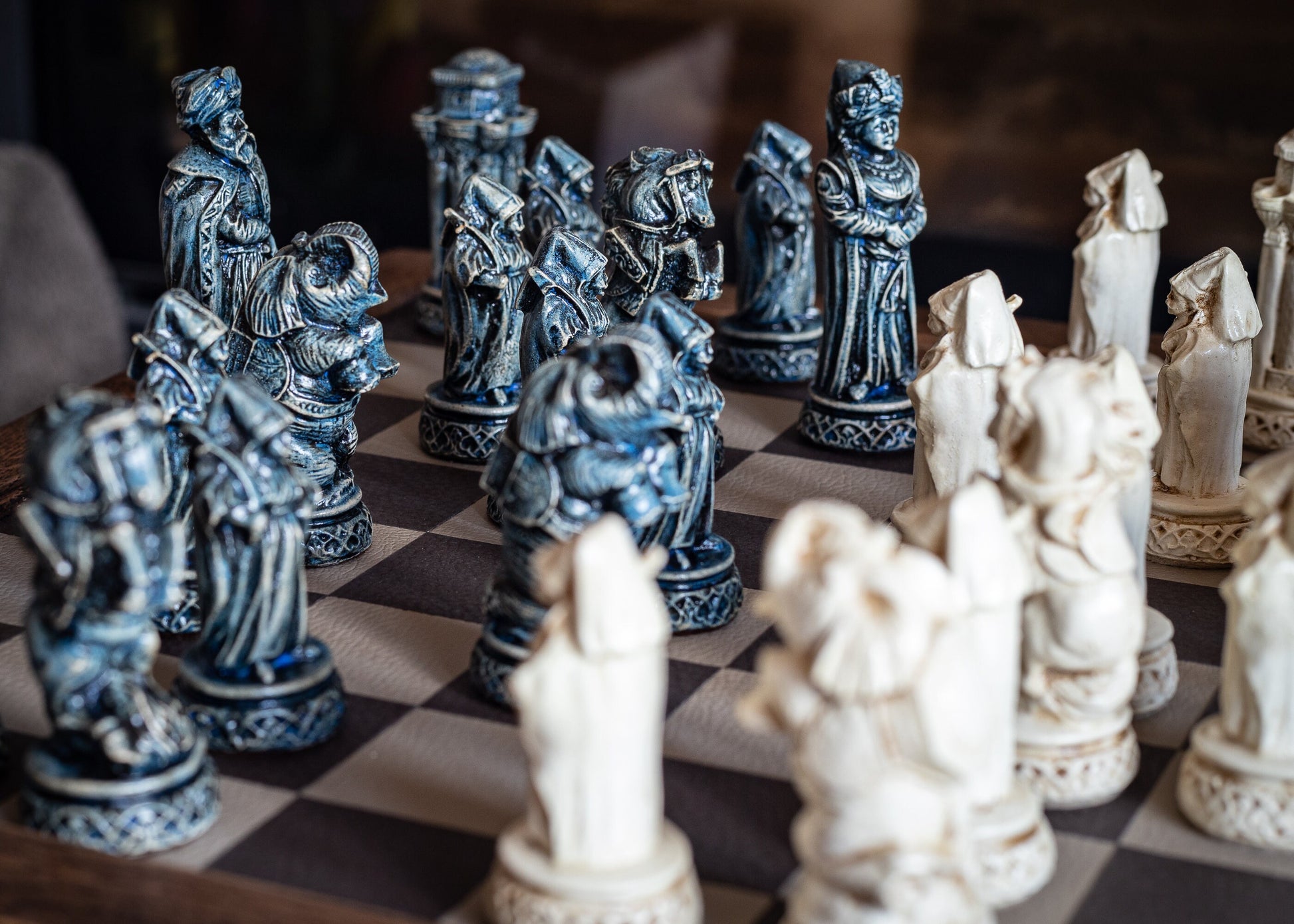 Made to order – Chess set, Arabian Knights design in an aged blue and ivory colour. CHESS SET ONLY