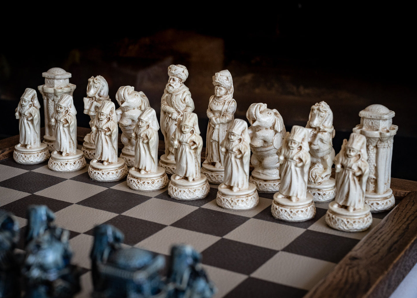 Made to order – Chess set, Arabian Knights design in an aged blue and ivory colour. CHESS SET ONLY