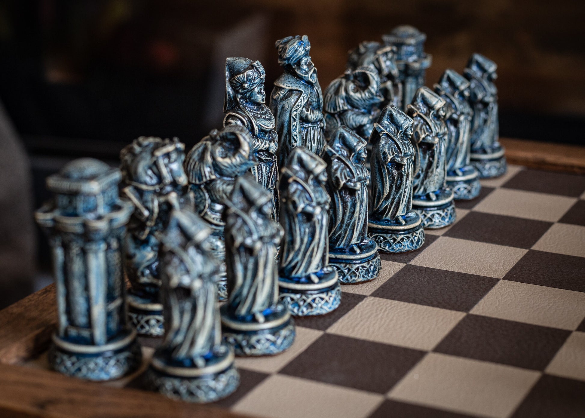 Made to order – Chess set, Arabian Knights design in an aged blue and ivory colour. CHESS SET ONLY