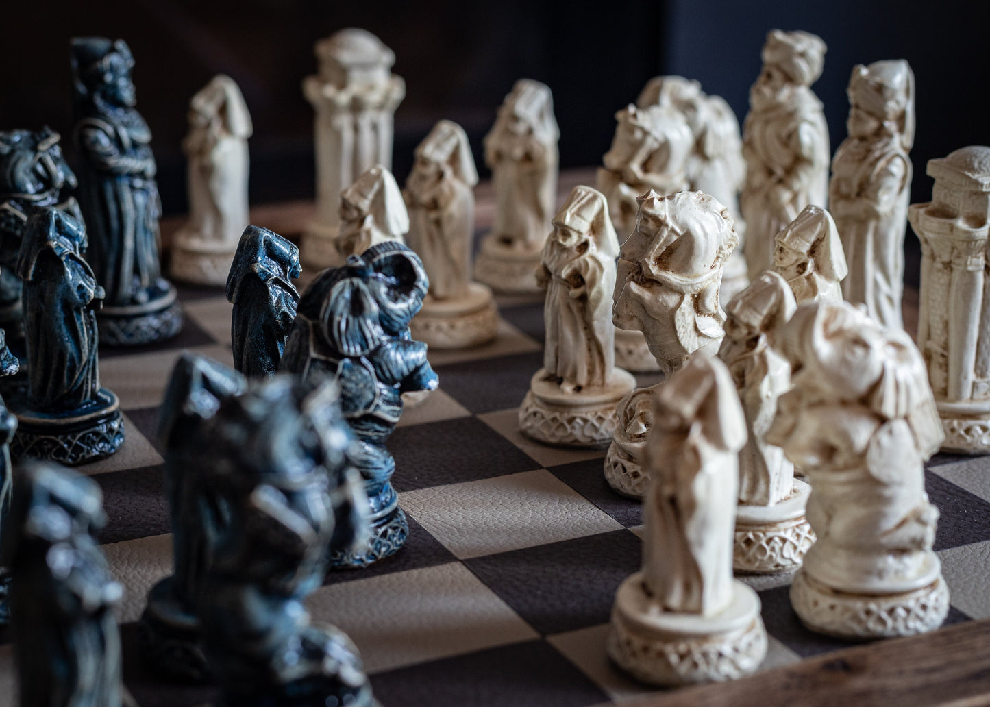 Made to order – Chess set, Arabian Knights design in an aged blue and ivory colour. CHESS SET ONLY