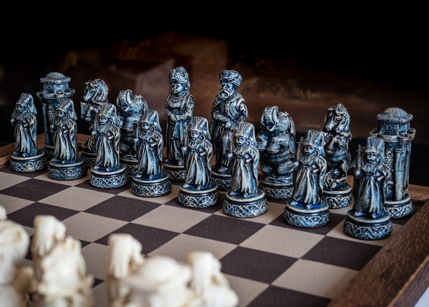 Made to order – Chess set, Arabian Knights design in an aged blue and ivory colour. CHESS SET ONLY