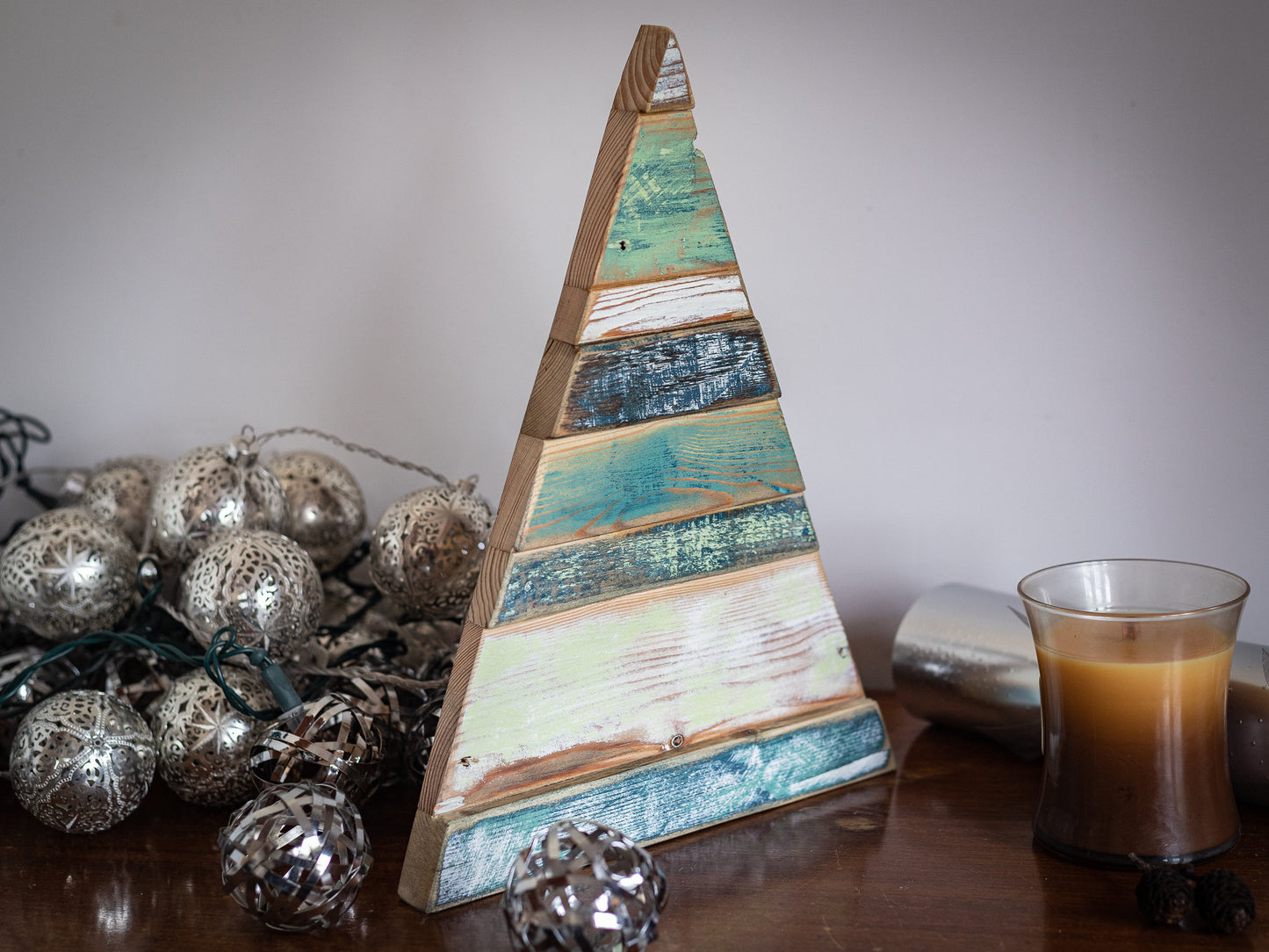 Rustic, painted, farmhouse style wooden tree, for home decor, eco friendly Christmas decoration or shop display.