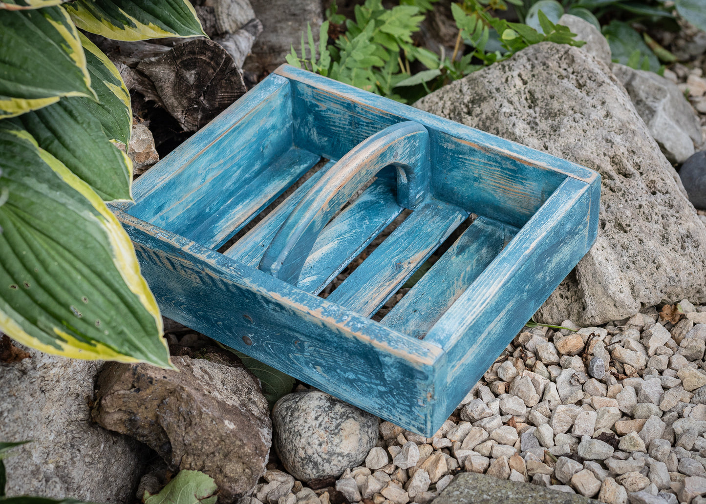 Rustic, painted, farmhouse style, antique, vintage, French style garden trug, basket or tray.