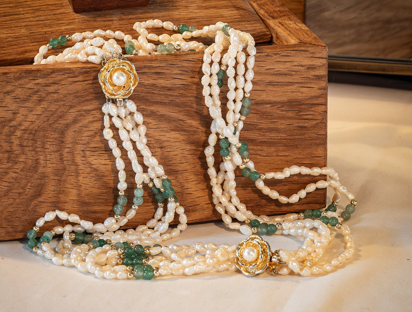 Vintage Fresh water seed pearl and green gemstone, necklace and bracelet