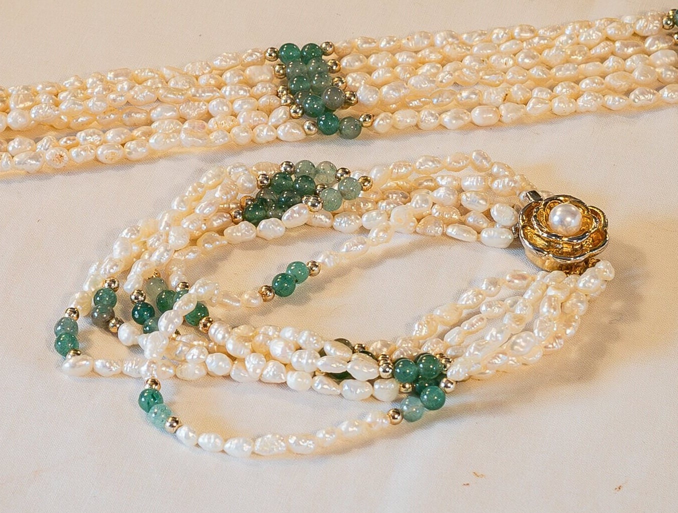 Vintage Fresh water seed pearl and green gemstone, necklace and bracelet