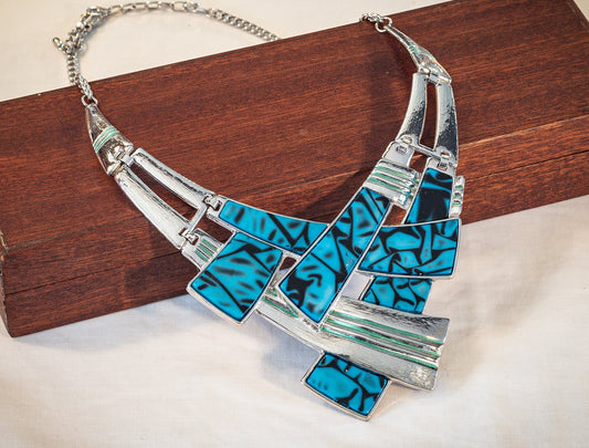 Vintage abstract, blue and black patterned 80s necklace.