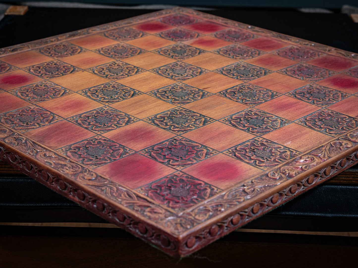 Vintage large, carved, faux wood, chess board, with York Tudor Rose motif.