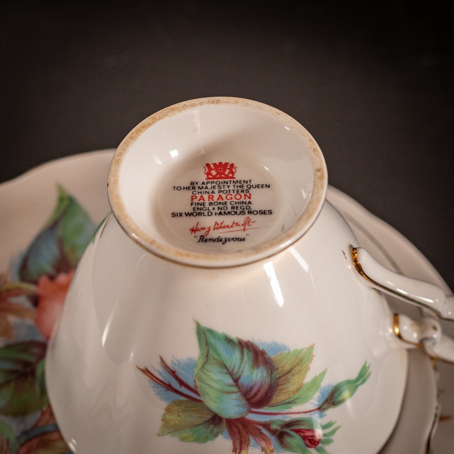 Stunning Vintage Paragon China trio, in the 'Authentic World Famous Wheatcroft Roses - Rendezvous, by Henry Wheatcroft'