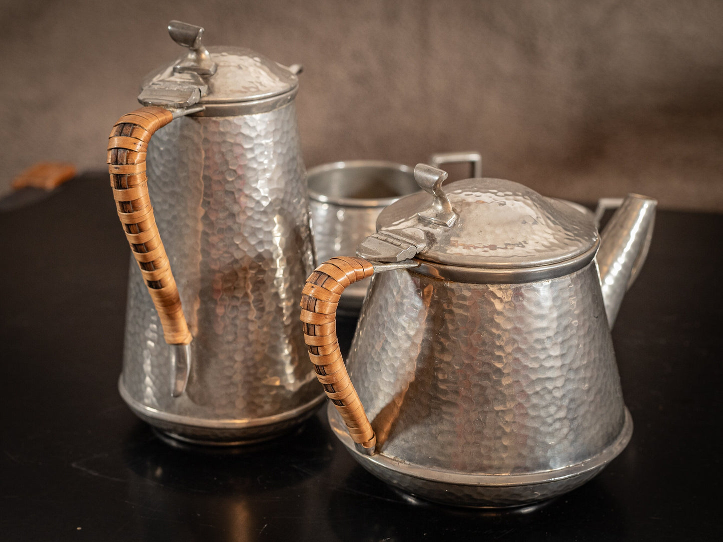 Stunning vintage Craftsman Pewter, 4 piece coffee set, coffee pot, hot water pot, cream jug and sugar bowl, with Ratten handles, circa 1930s